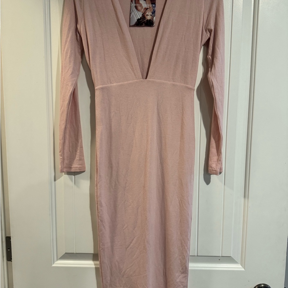 Naked Wardrobe Pink Long Sleeve Sculpt Midi Dress